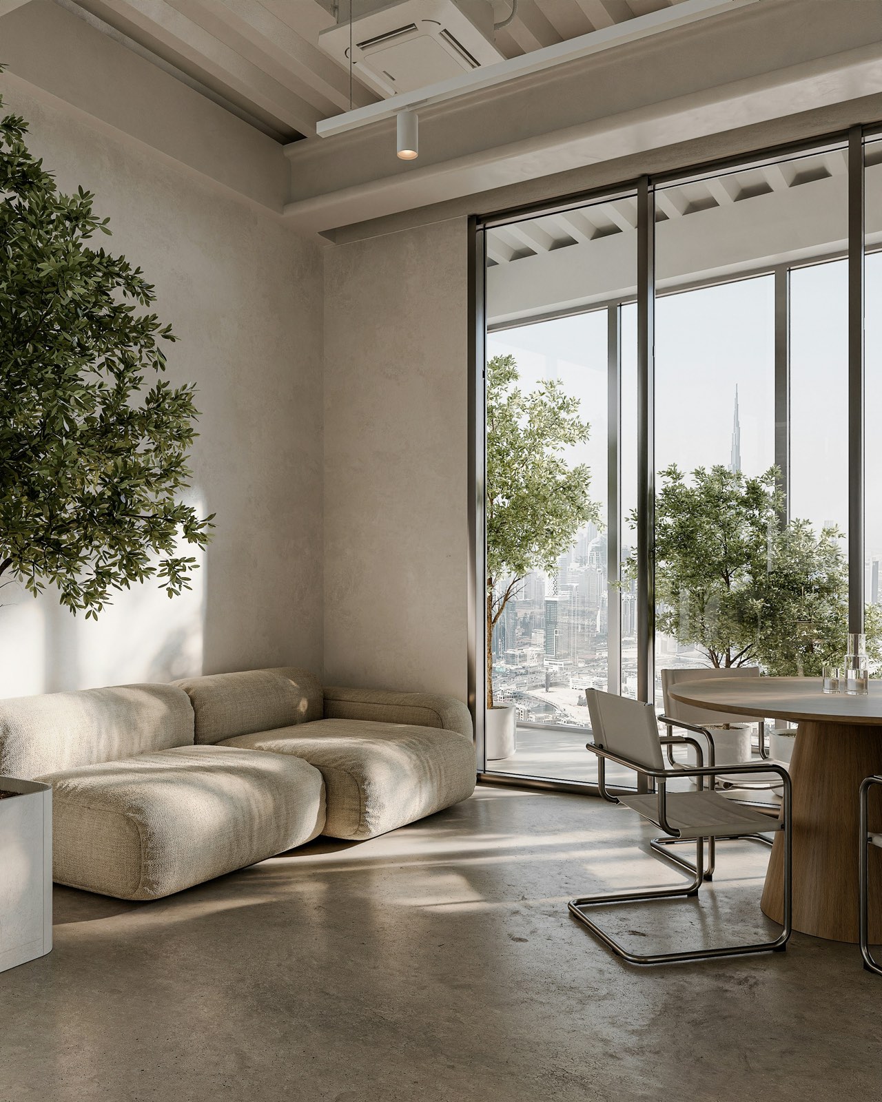 Minimalist office lounge with floor-to-ceiling windows, a city view, and a low cream sofa